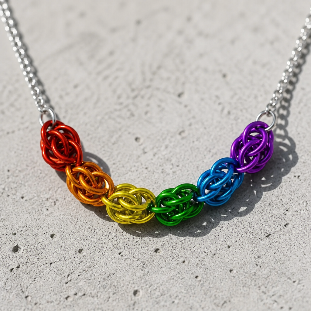 Hand-linked rainbow chainmail necklace featuring colorful aluminum rings on an adjustable stainless steel chain on a concrete surface