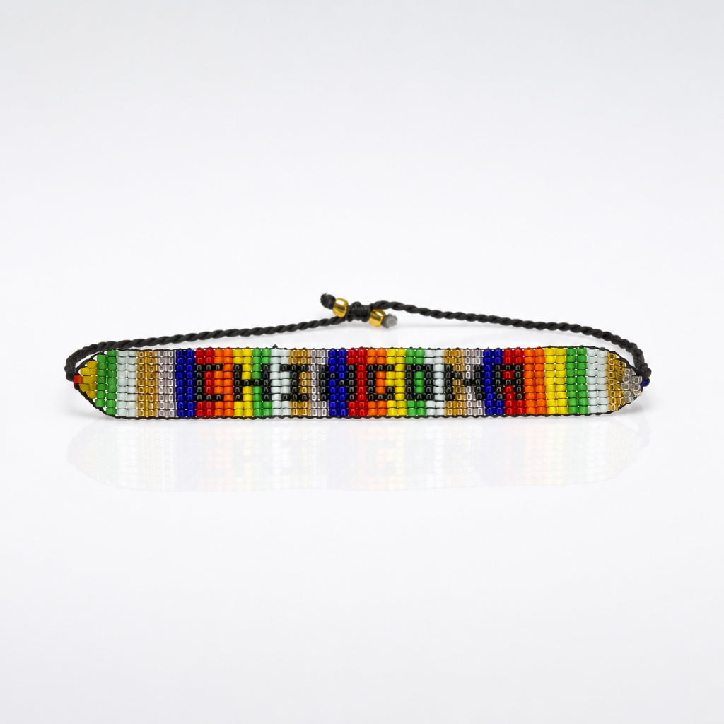 Handmade rainbow beaded Chingona bracelet with adjustable braided cord and colorful geometric woven design.