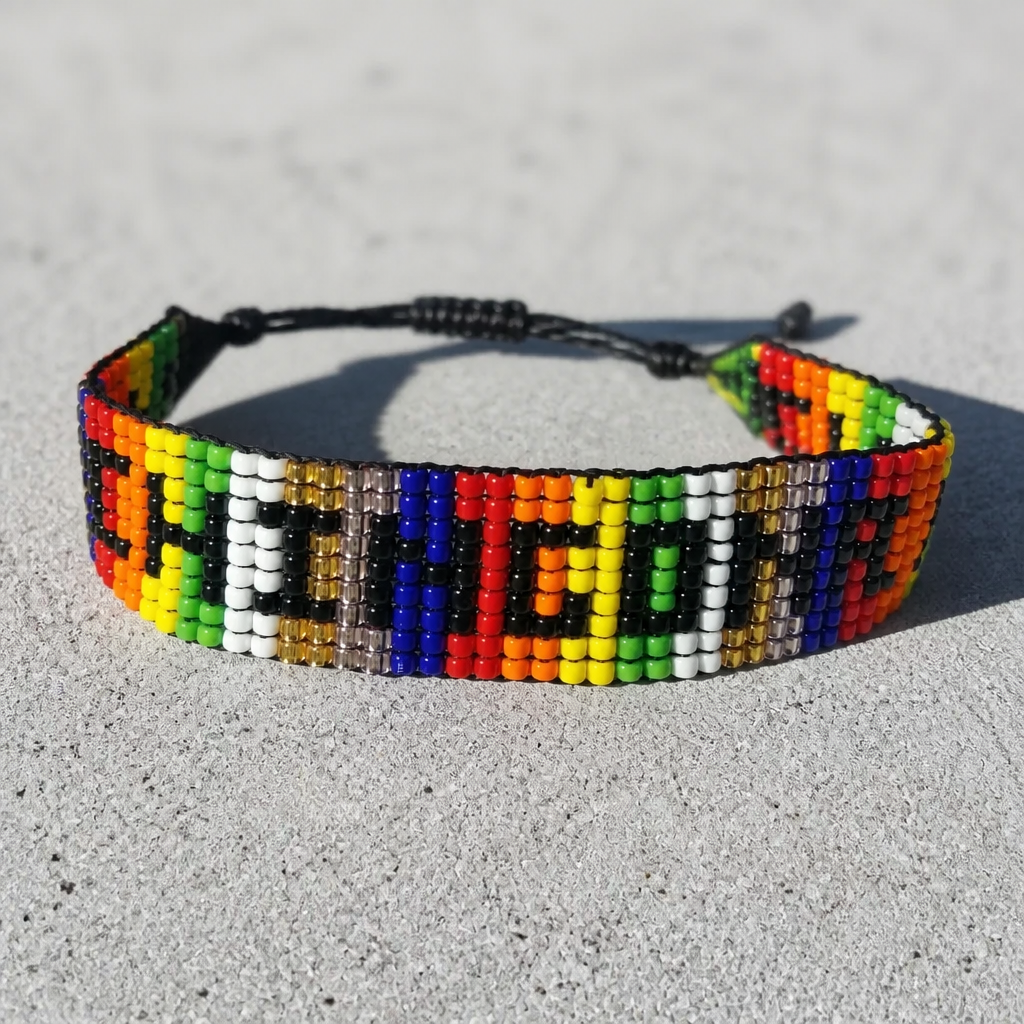 Handmade rainbow beaded Chingona bracelet with adjustable braided cord and colorful geometric woven design.