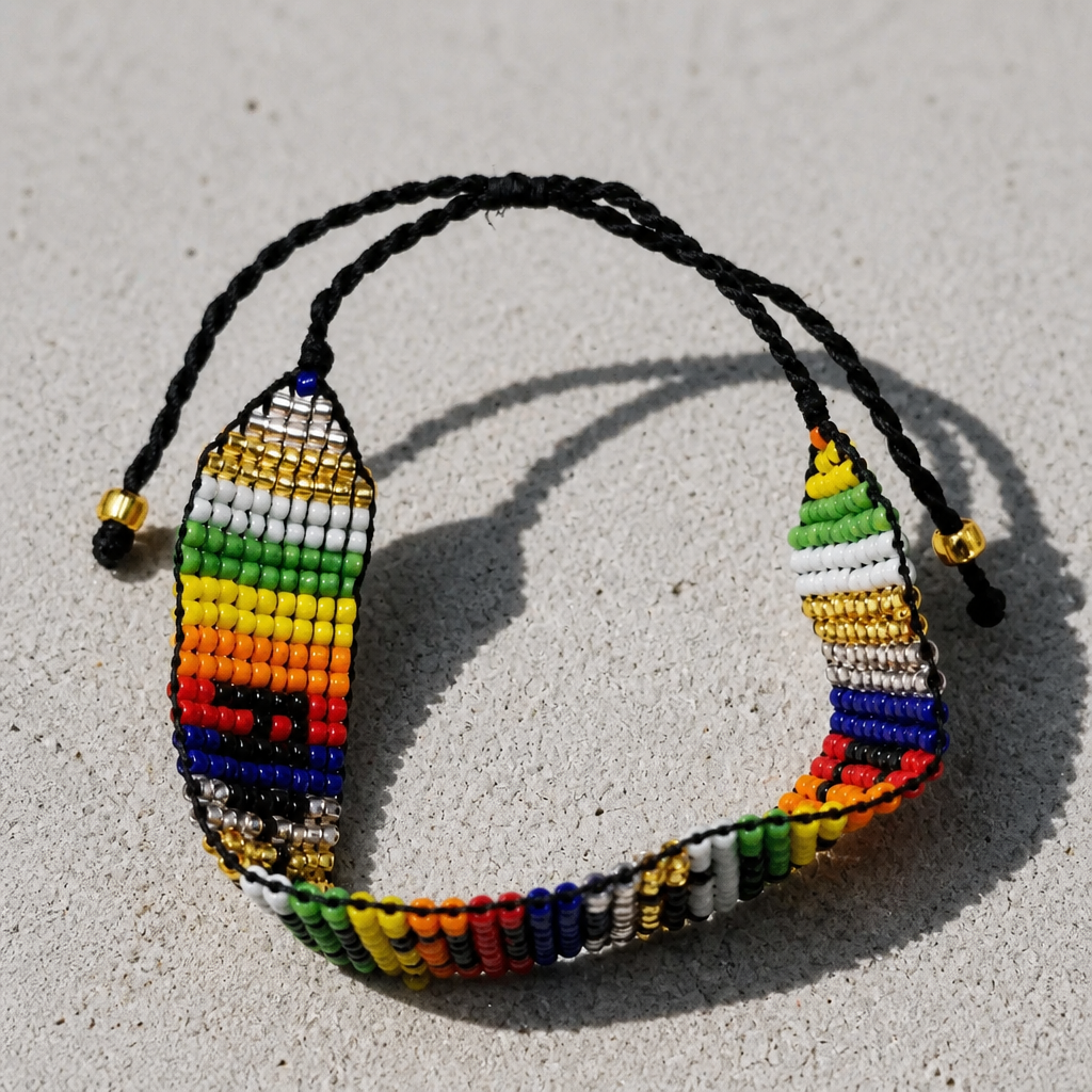 Handmade rainbow beaded Chingona bracelet with adjustable braided cord and colorful geometric woven design.