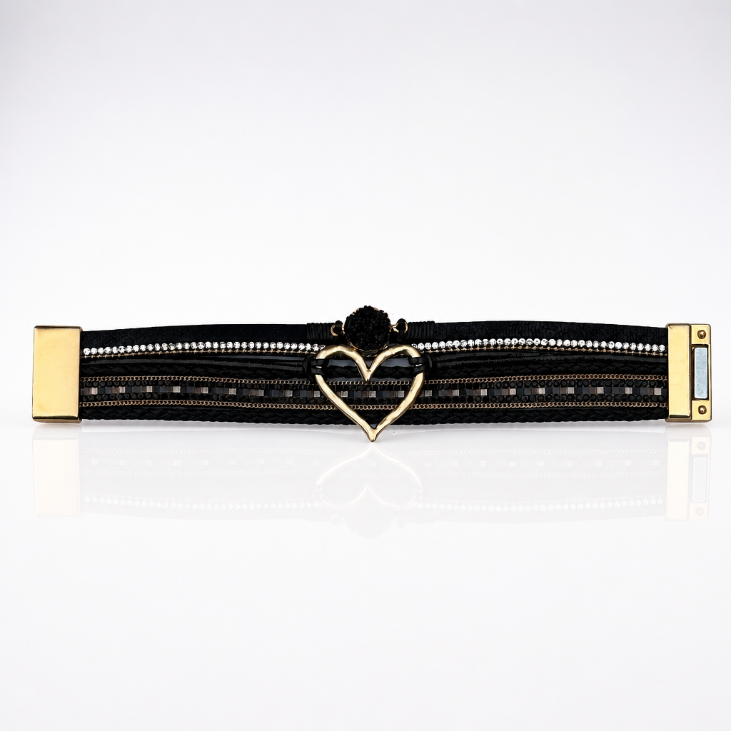 Black layered leather bracelet featuring an open gold heart, crystal accents, rhinestone details, and magnetic clasp.