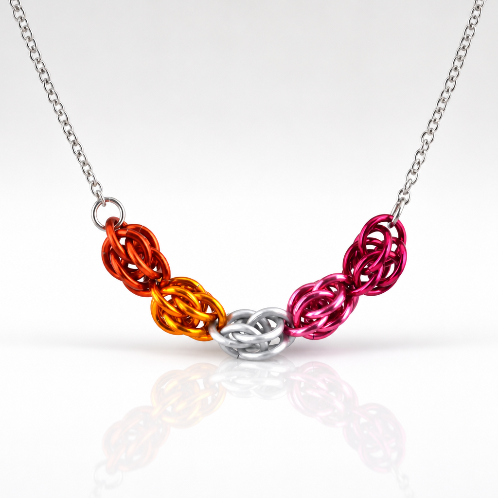 Hand-linked lesbian pride chainmail necklace featuring orange, white, pink, and magenta aluminum rings on an adjustable stainless steel chain on a white background