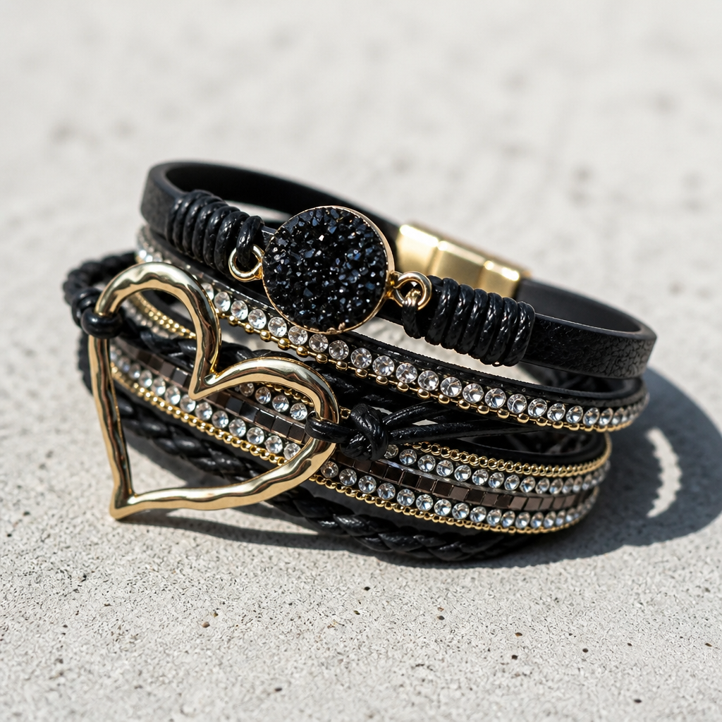 Black layered leather bracelet featuring an open gold heart, crystal accents, rhinestone details, and magnetic clasp.