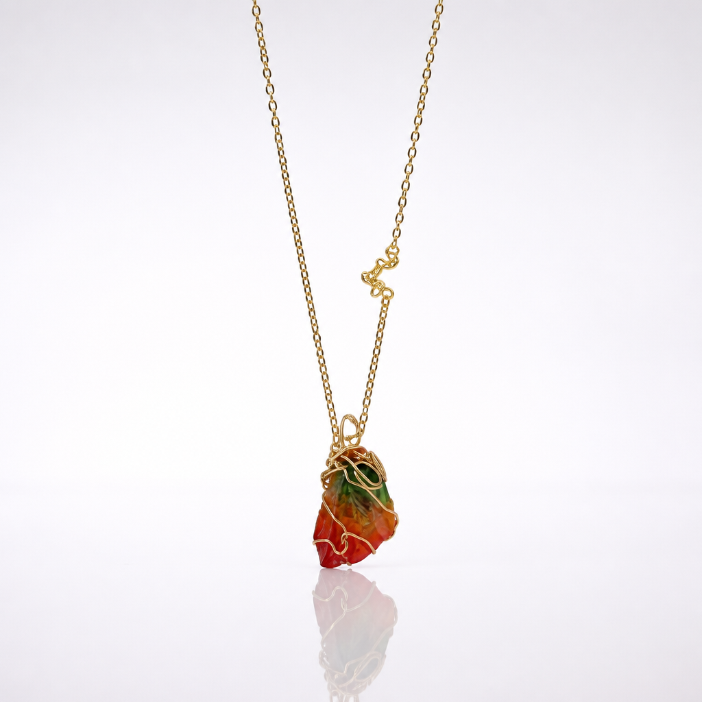 Rainbow crystal-style wire-wrapped pendant necklace with delicate gold-tone chain