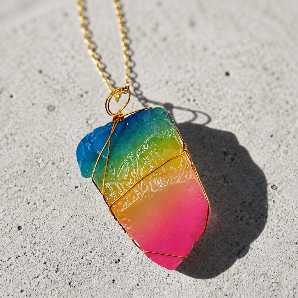Rainbow crystal-style wire-wrapped pendant necklace with delicate gold-tone chain