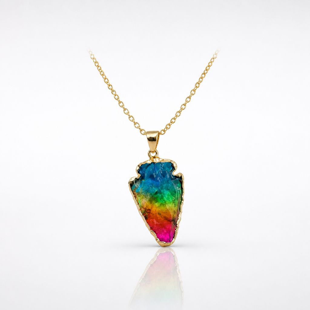 Rainbow crystal-style arrowhead pendant necklace with gold-tone chain