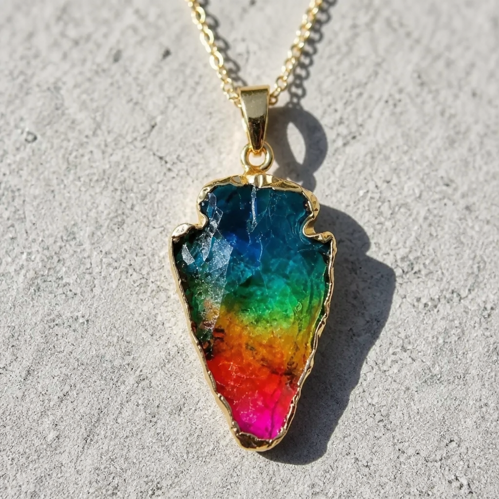 Rainbow crystal-style arrowhead pendant necklace with gold-tone chain