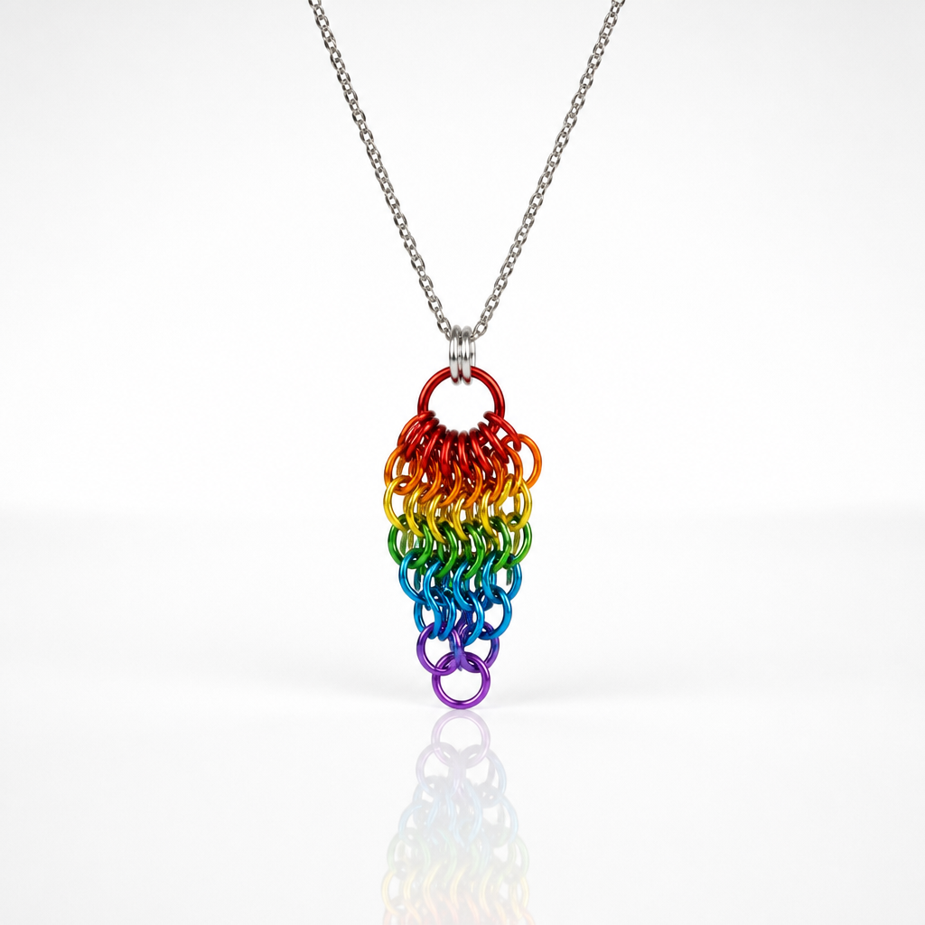 Hand-linked rainbow chainmail cluster pendant featuring cascading aluminum rings on an adjustable stainless steel chain on a white background