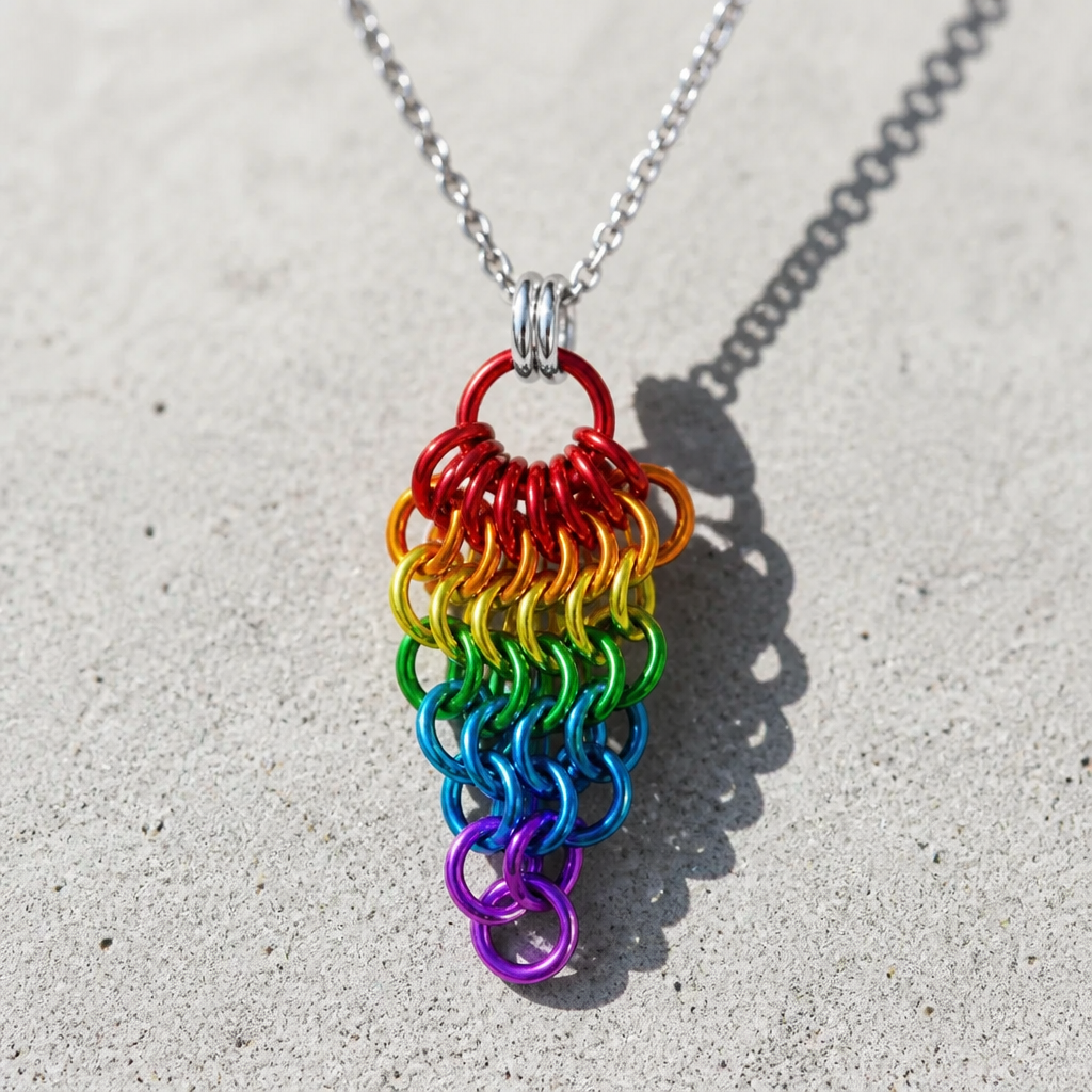 Hand-linked rainbow chainmail cluster pendant featuring cascading aluminum rings on an adjustable stainless steel chain on a concrete surface