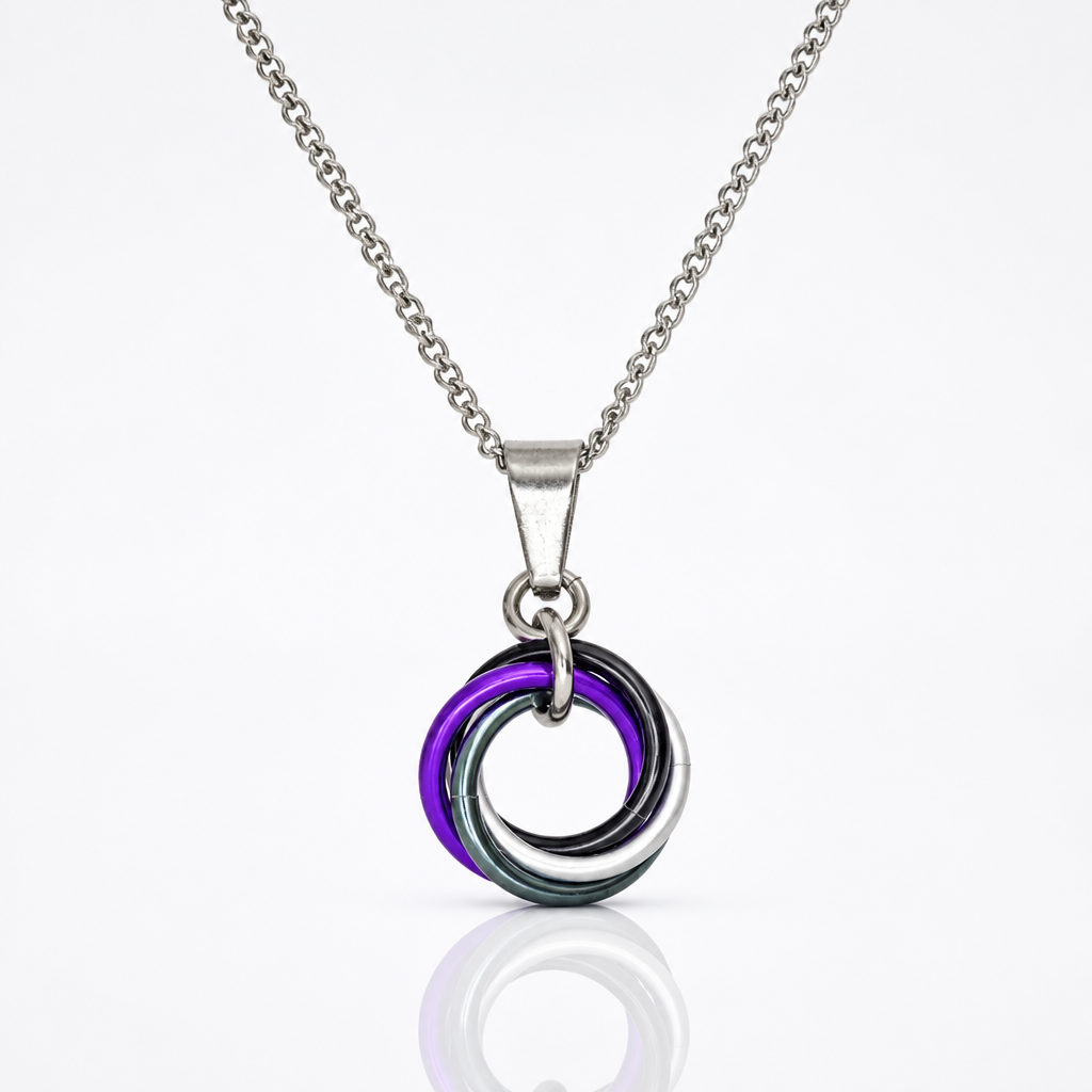 Handcrafted Asexual (ACE) Pride swirl pendant necklace featuring aluminum rings in Asexual Pride flag colors on an adjustable stainless steel chain.