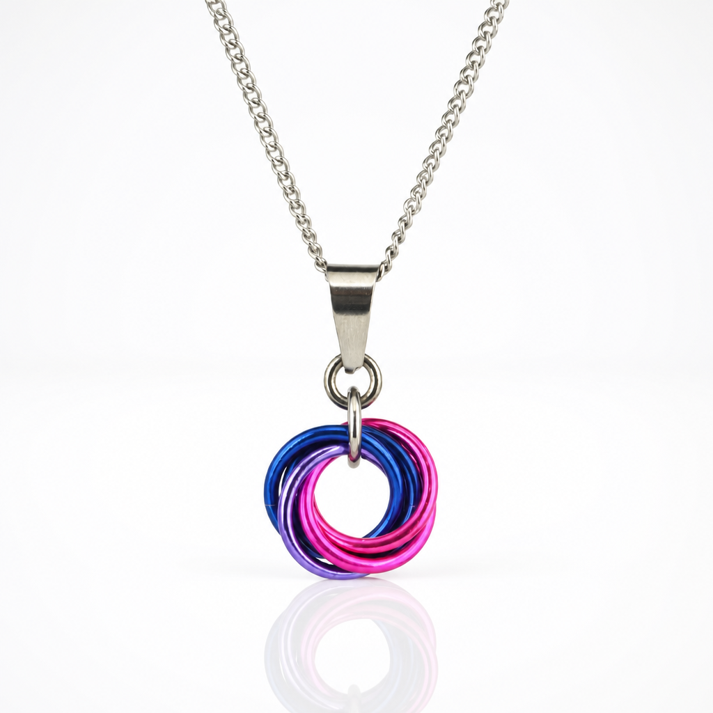 Handcrafted Bisexual Pride swirl pendant necklace featuring pink, purple, and blue aluminum rings on an adjustable stainless steel chain.