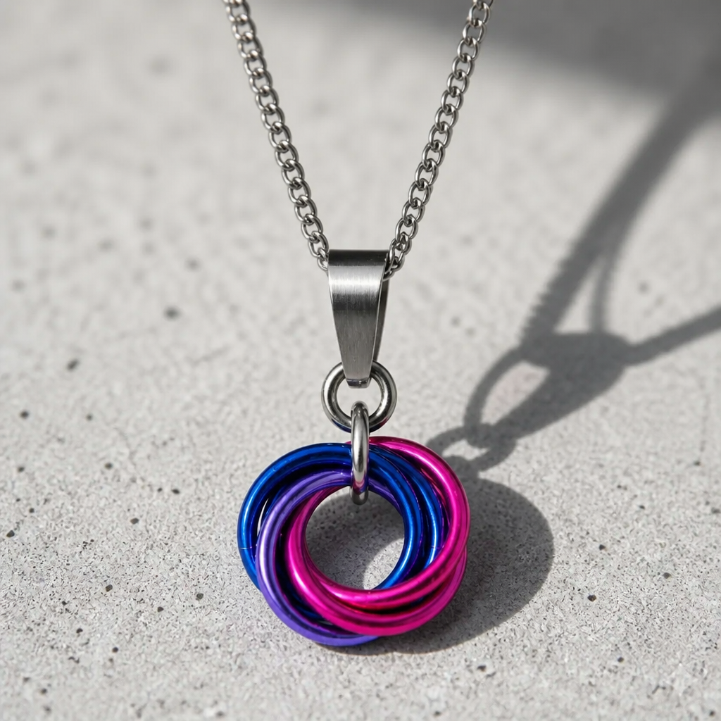 Handcrafted Bisexual Pride swirl pendant necklace featuring pink, purple, and blue aluminum rings on an adjustable stainless steel chain on a concrete surface.