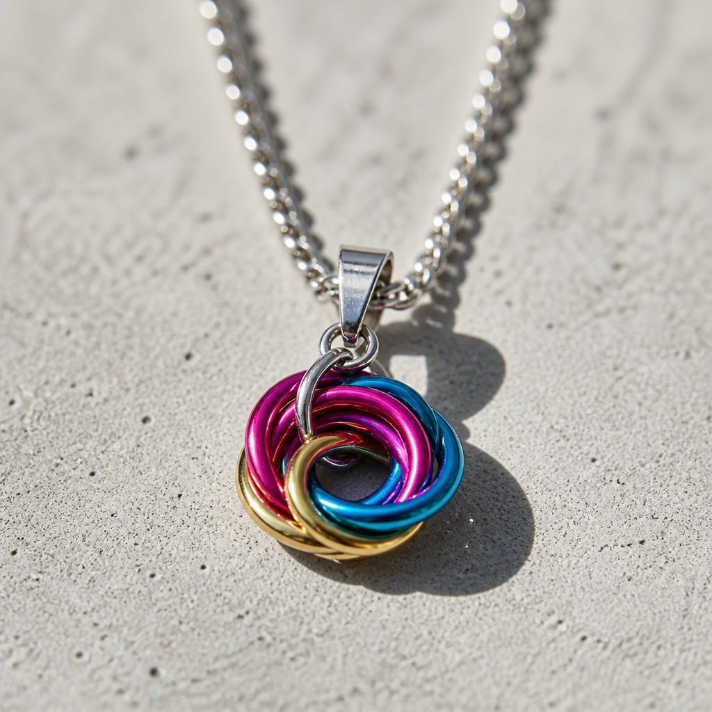 Handcrafted Pansexual Pride swirl pendant necklace featuring pink, yellow, and blue aluminum rings on an adjustable stainless steel chain on a concrete surface