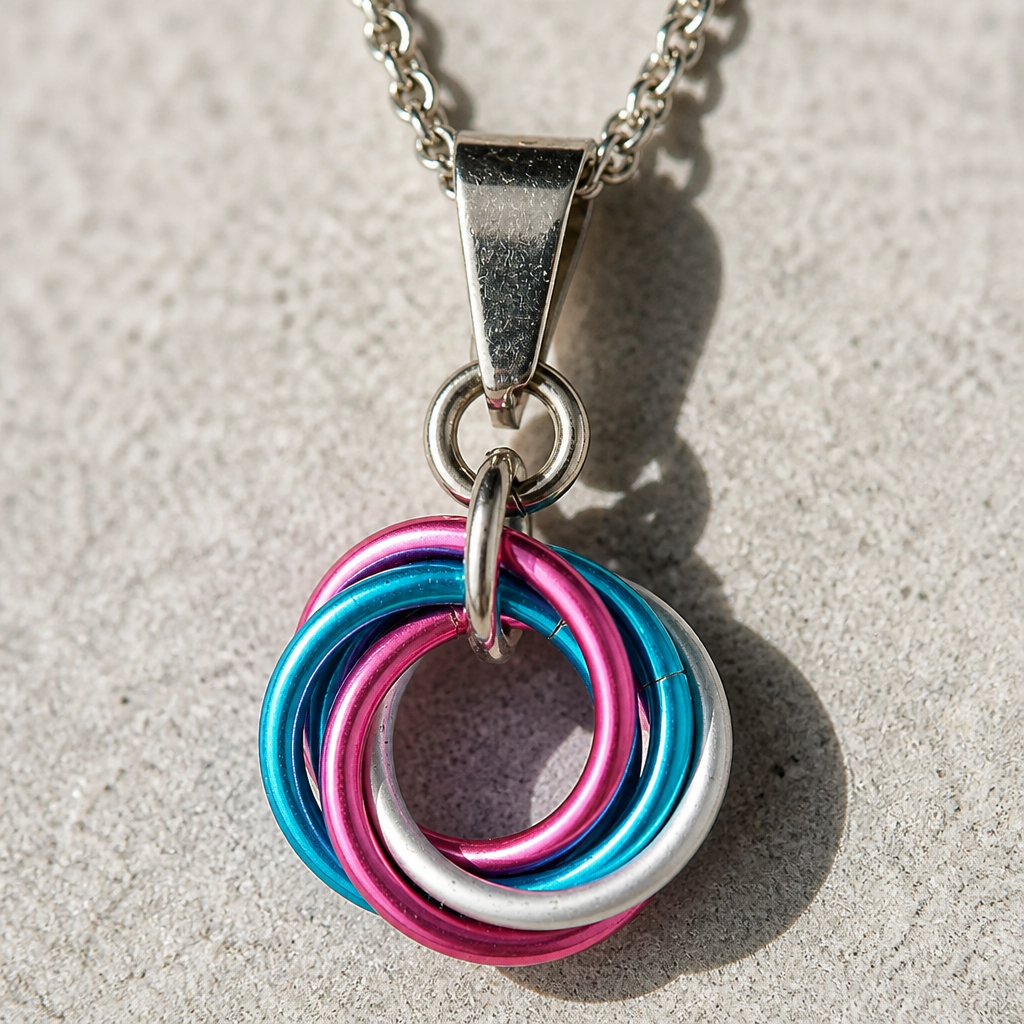 Handcrafted Transgender Pride swirl pendant necklace featuring blue, pink, and white aluminum rings on an adjustable stainless steel chain on a concrete surface