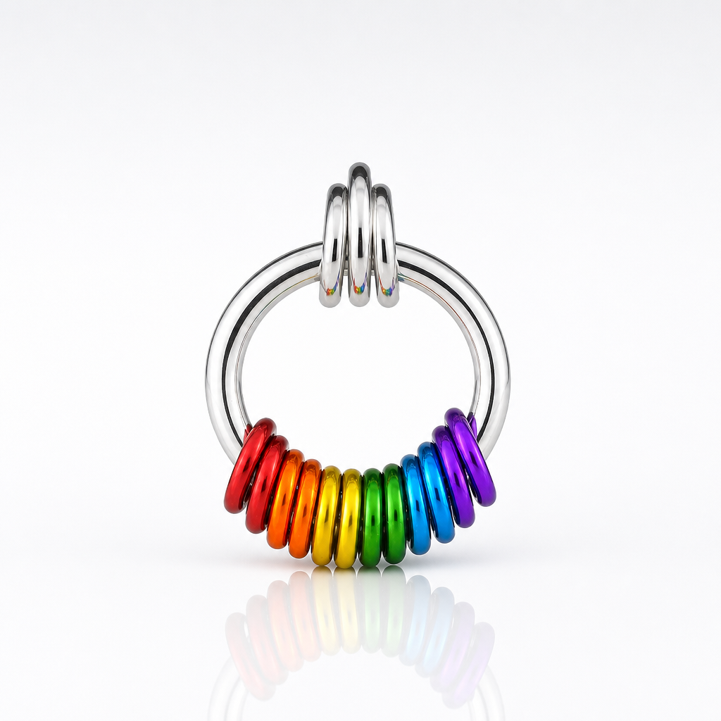 Handcrafted LGBTQ+ rainbow minimalist coil fidget necklace featuring twelve free-spinning aluminum rings on an adjustable stainless steel chain on a white background