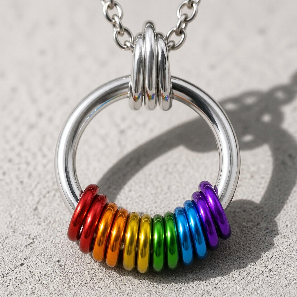 Handcrafted LGBTQ+ rainbow minimalist coil fidget necklace featuring twelve free-spinning aluminum rings on an adjustable stainless steel chain on a concrete surface