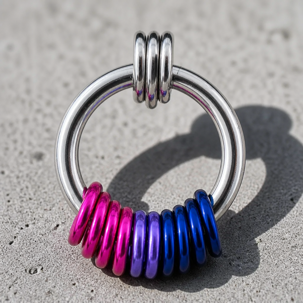 Handcrafted Bisexual Pride minimalist coil fidget necklace featuring free-spinning pink, purple, and blue aluminum rings on an adjustable stainless steel chain on a concrete background.