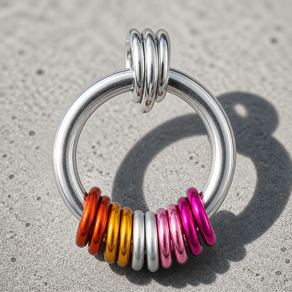 Handcrafted Lesbian Pride minimalist coil fidget necklace featuring free-spinning orange, white, pink, and magenta aluminum rings on an adjustable stainless steel chain on a concrete surface.