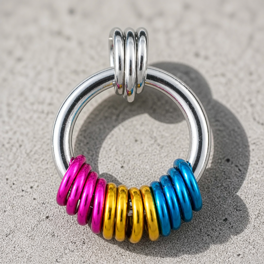 Handcrafted Pansexual Pride coil fidget necklace featuring free-spinning pink, yellow, and blue aluminum rings on an adjustable stainless steel chain on a concrete surface.