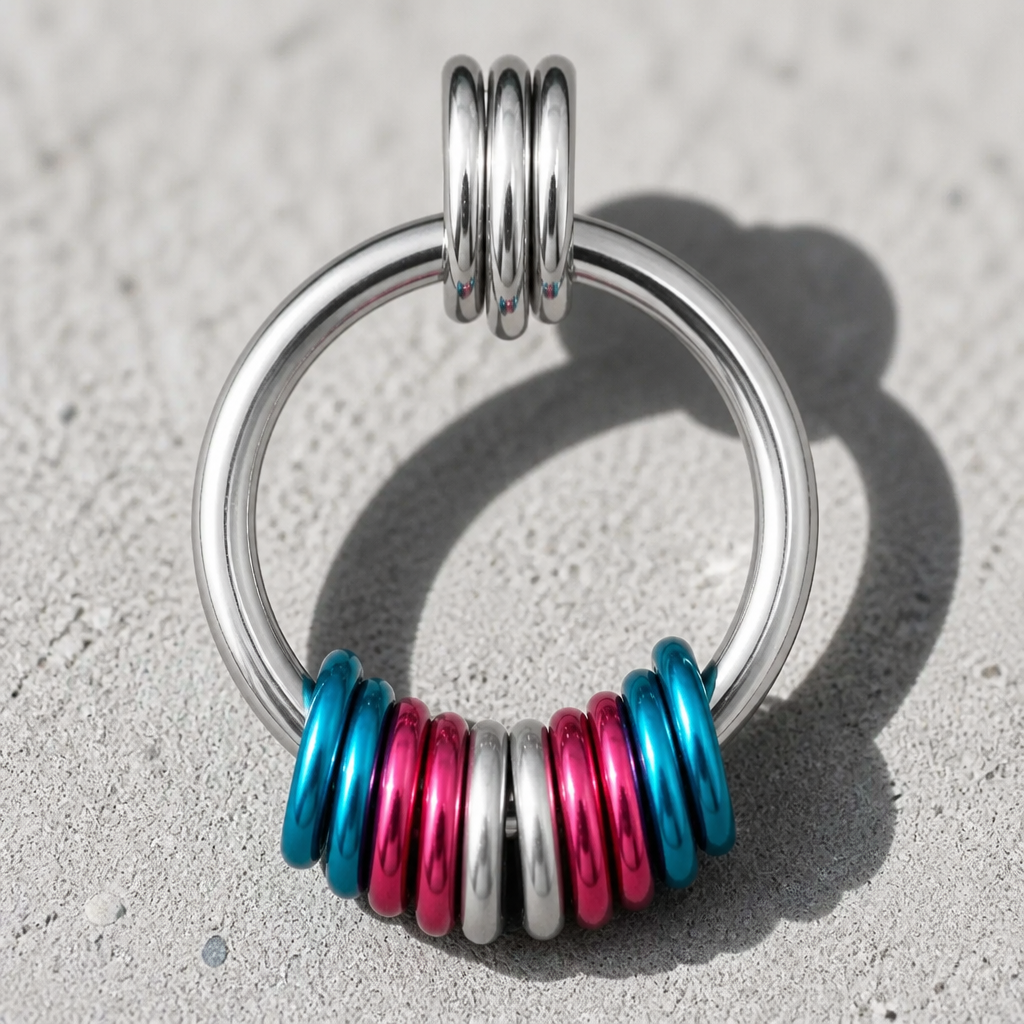 Handcrafted Transgender Pride coil fidget necklace featuring free-spinning pink, white, and blue aluminum rings on an adjustable stainless steel chain on a concrete surface