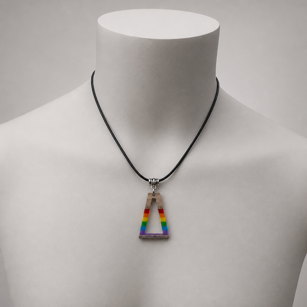 Rainbow Geometric Pendant Necklace displayed on a neutral jewelry mannequin to show necklace size and length