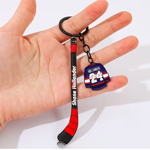 Heated Rivalry Hollander hockey stick enamel keychain with miniature jersey charm