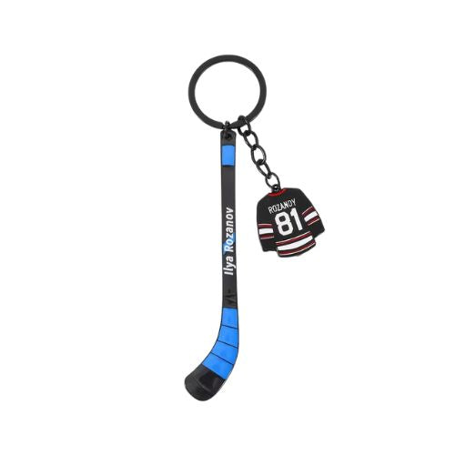 Heated Rivalry Rozanov hockey stick enamel keychain with miniature jersey charm