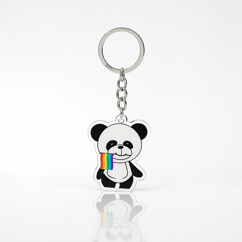 Cute panda acrylic keychain holding LGBTQ rainbow pride flag