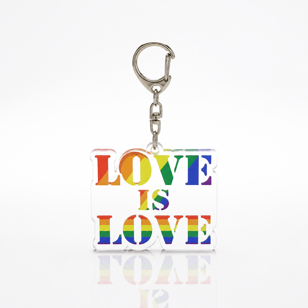 Love Is Love rainbow acrylic keychain with LGBTQ pride colors
