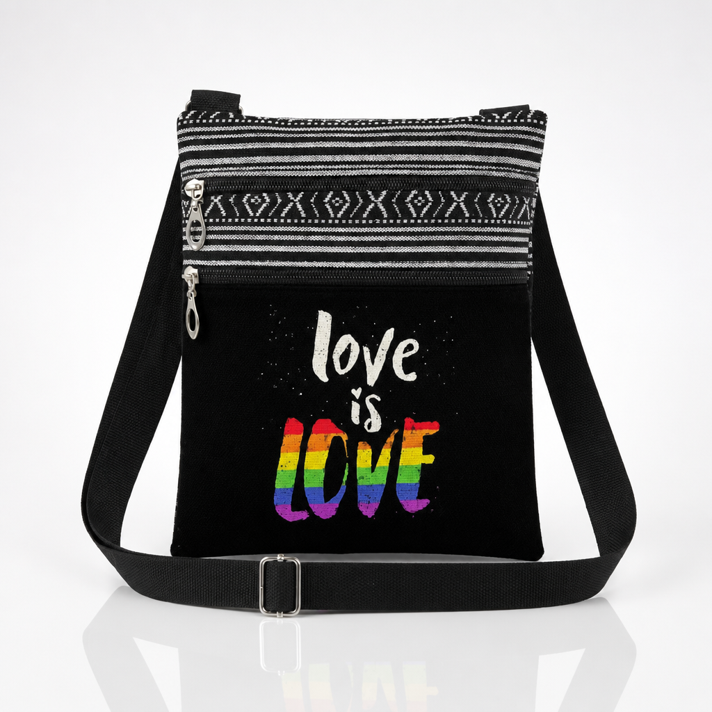 Black Love Is Love rainbow pride crossbody bag with adjustable strap and zippered compartments