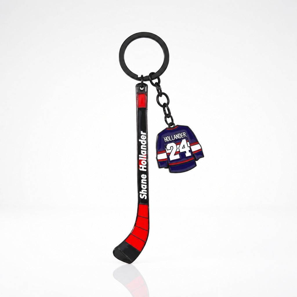 Heated Rivalry Hollander hockey stick enamel keychain with miniature jersey charm