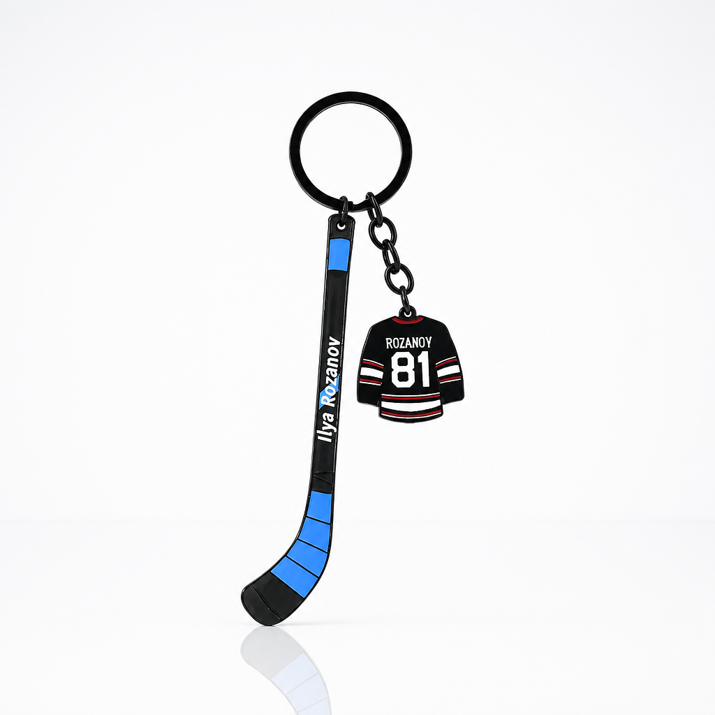 Heated Rivalry Rozanov hockey stick enamel keychain with miniature jersey charm