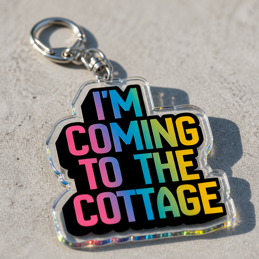 Heated Rivalry acrylic keychain with “I’m Coming To The Cottage” rainbow quote design on a concrete surface