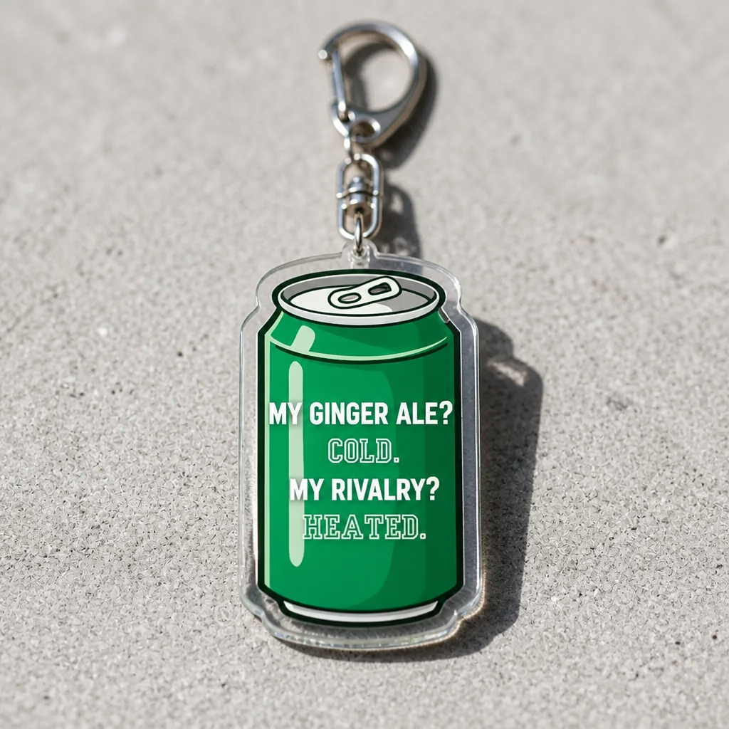 Heated Rivalry acrylic keychain with “My Ginger Ale? Cold. My Rivalry? Heated.” quote design on a concrete surface