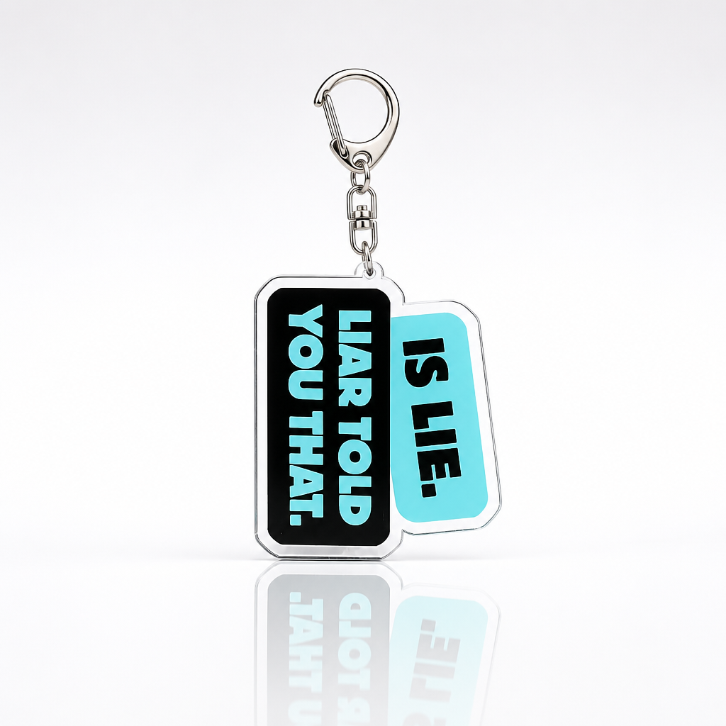 Heated Rivalry acrylic keychain featuring “Liar, Liar Told You That” quote in blue and black design