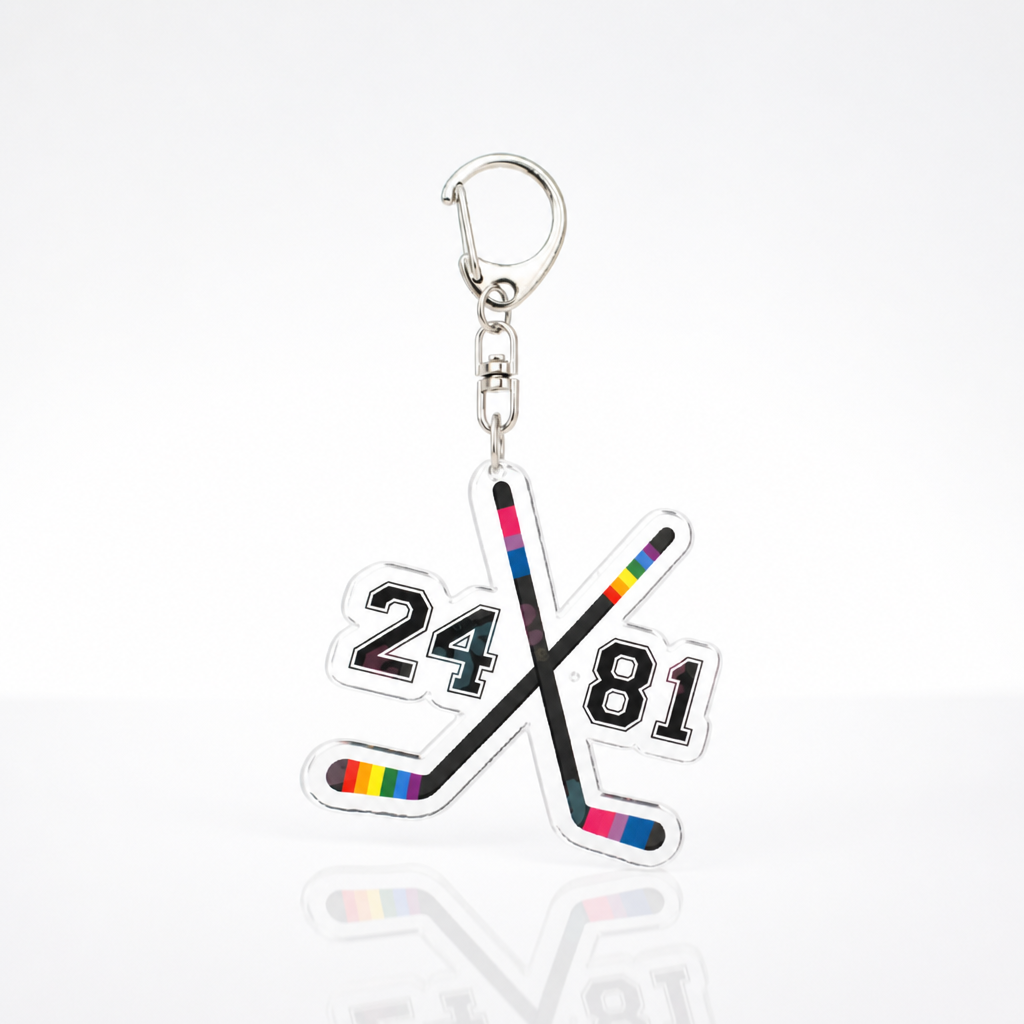 Heated Rivalry acrylic keychain with crossed rainbow hockey sticks and Hollander Rozanov numbers
