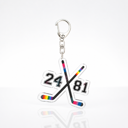 Heated Rivalry acrylic keychain with crossed rainbow hockey sticks and Hollander Rozanov numbers