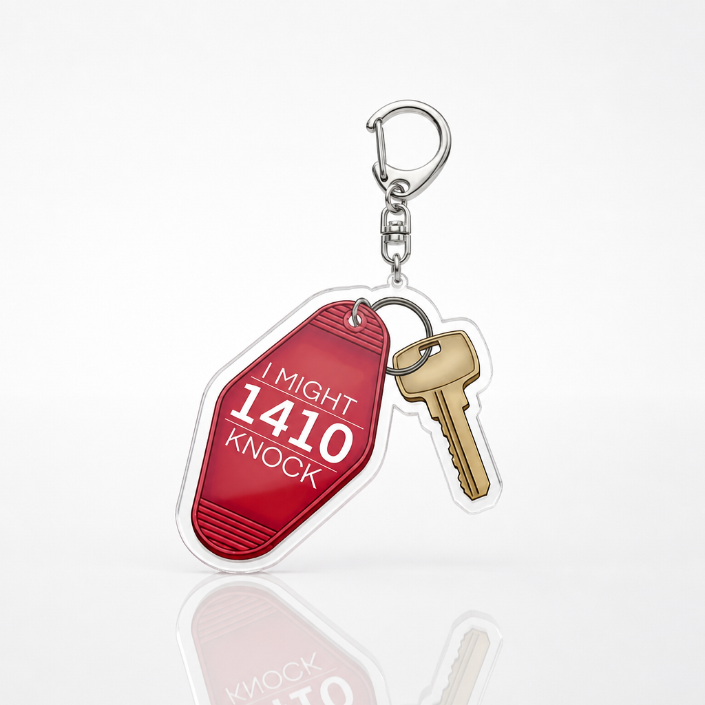 Heated Rivalry acrylic motel keychain with “1410 I Might Knock” quote and key charm