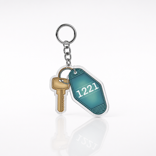 Heated Rivalry acrylic motel keychain with teal 1221 room number design and key charm