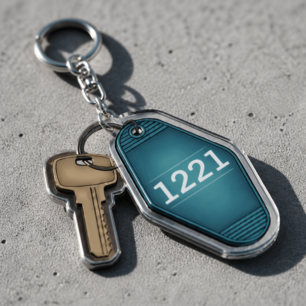 Heated Rivalry acrylic motel keychain with teal 1221 room number design and key charm on a concrete surface
