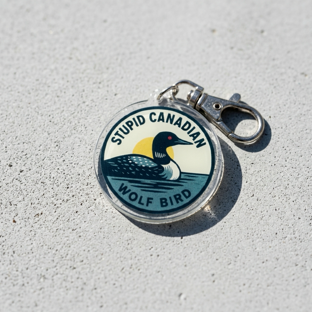 Heated Rivalry acrylic keychain featuring a loon illustration and the phrase "Stupid Canadian Wolf Bird" on a concrete surface