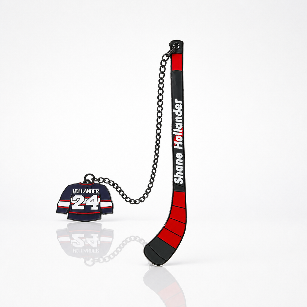 Heated Rivalry Hollander hockey stick metal bookmark with miniature jersey charm