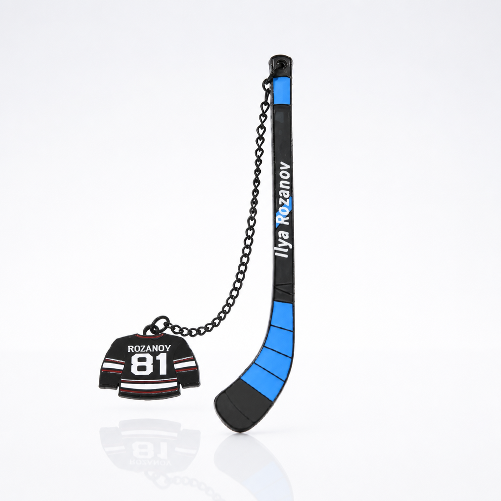 Heated Rivalry Rozanov hockey stick metal bookmark with miniature jersey jersey charm