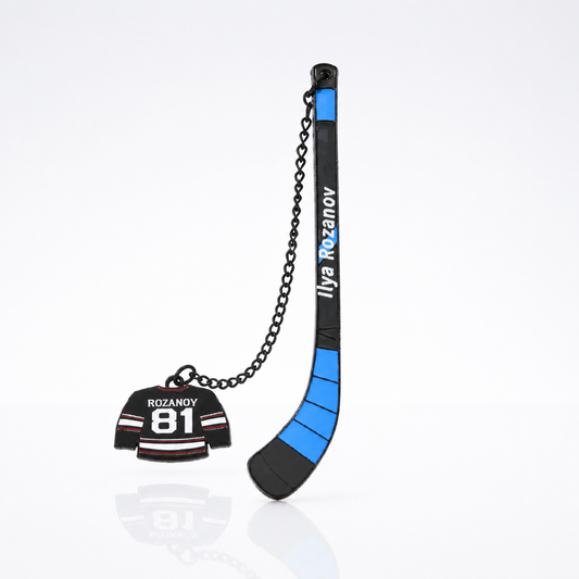 Heated Rivalry Rozanov hockey stick metal bookmark with miniature jersey jersey charm