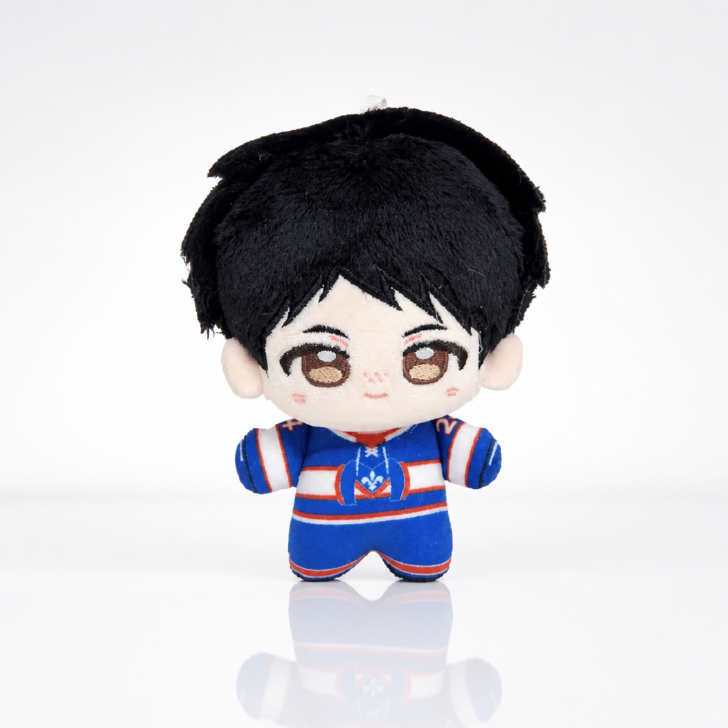 Heated Rivalry Hollander chibi-style plush keychain wearing blue hockey uniform