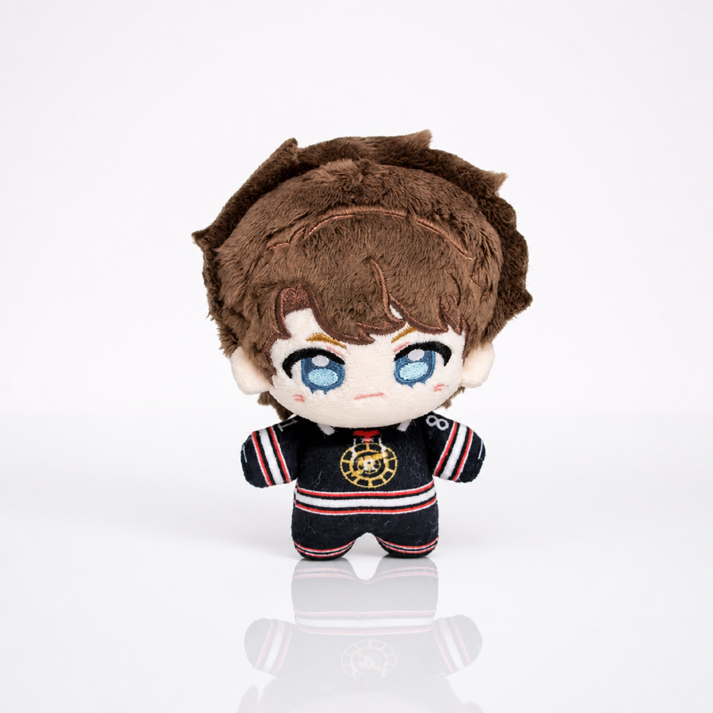Heated Rivalry Rozanov chibi-style plush keychain wearing black hockey uniform