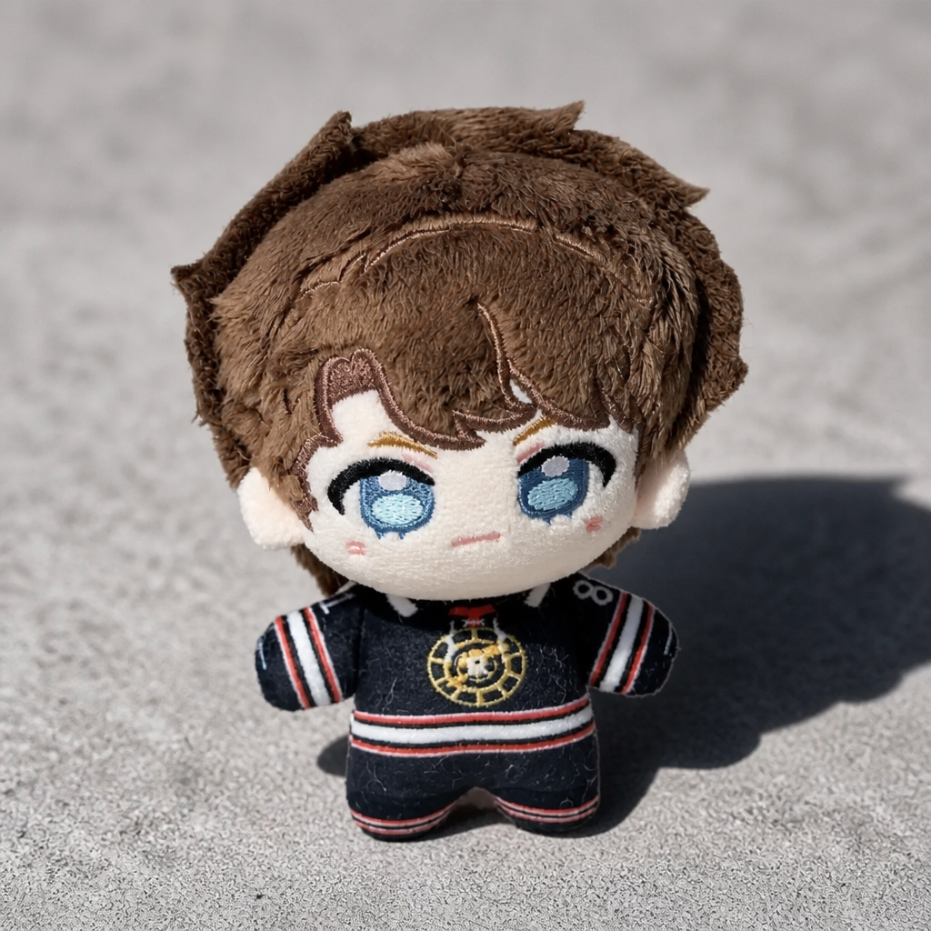 Heated Rivalry Rozanov chibi-style plush keychain wearing black hockey uniform on a concrete surface