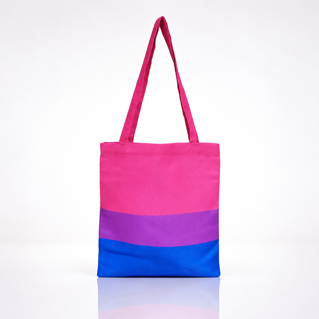Bisexual Pride tote bag with pink purple and blue flag stripes