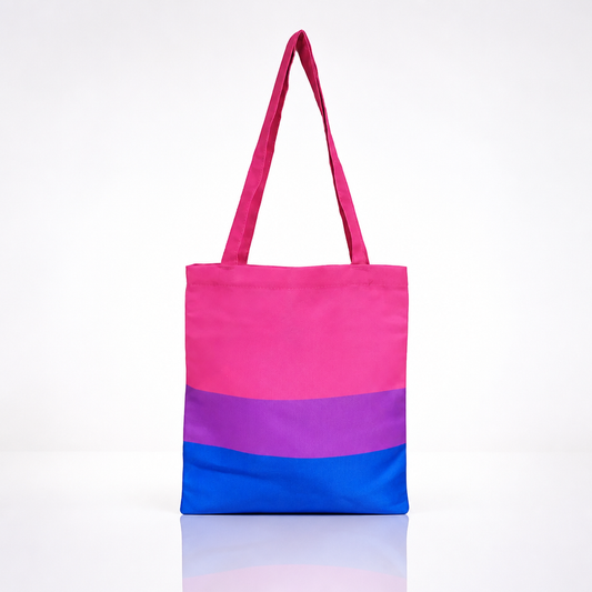 Bisexual Pride tote bag with pink purple and blue flag stripes