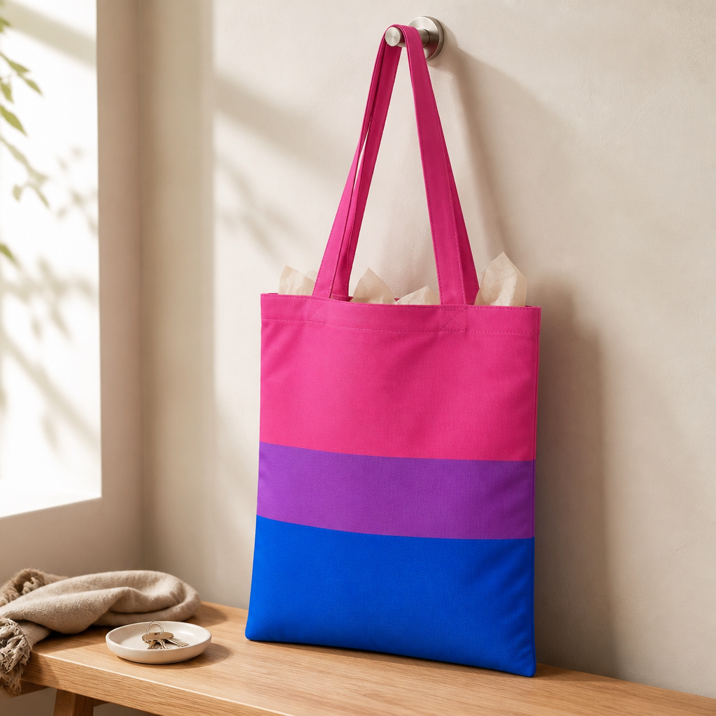 Bisexual Pride tote bag with pink purple and blue flag stripes on a wooden table